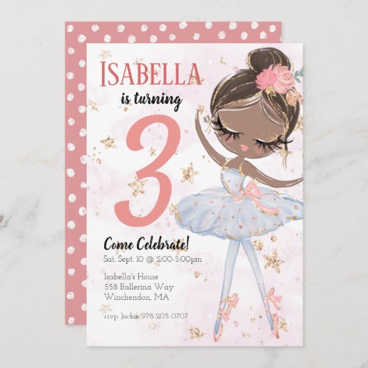 Black Ballerina Birthday Party Invitation Kaart (Voorkant / Achterkant)