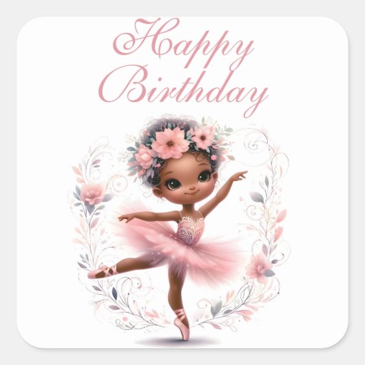 Black Ballerina Happy Birthday Vierkante Sticker (Voorkant)