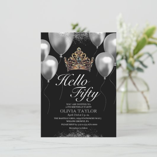 Black Balloons Crown 50ste verjaardag Kaart (Staand voorkant)