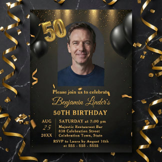Black Balloons & Gold Confetti Photo 50th Birthday Kaart
