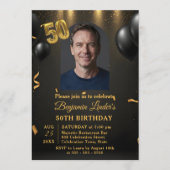 Black Balloons & Gold Confetti Photo 50th Birthday Kaart (Voorkant)