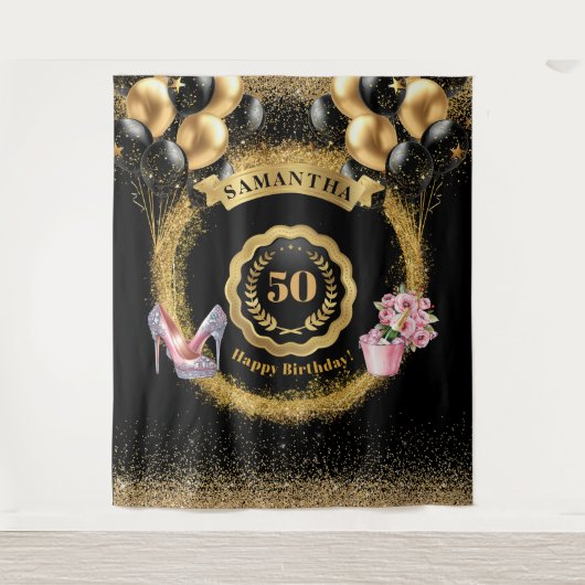Black Balloons Gold Glitter 50ste Verjaardagsfeest Wandkleed (Voorkant)