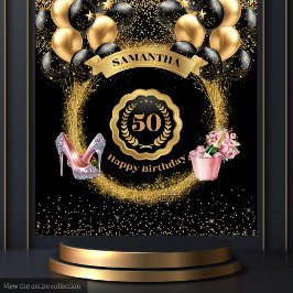 Black Balloons Gold Glitter 50ste Verjaardagsfeest Wandkleed