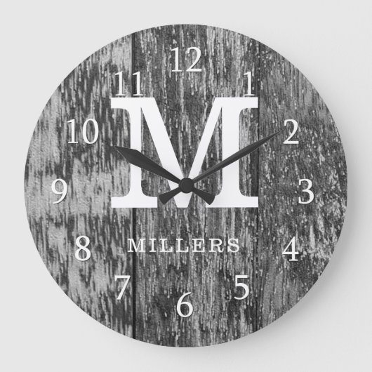 Black Barn Wood Farmhouse Monogram Grote Klok (Voorkant)