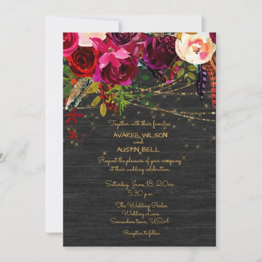 Black Barnboard Burgundy Boho Flowers Kaart (Voorkant)
