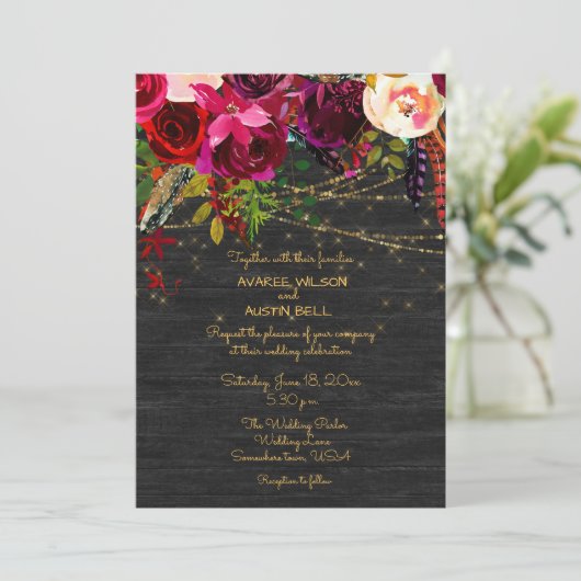 Black Barnboard Burgundy Boho Flowers Kaart (Staand voorkant)