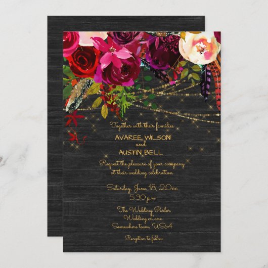 Black Barnboard Burgundy Boho Flowers Kaart (Voorkant / Achterkant)