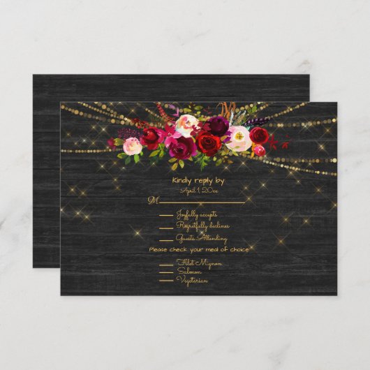 Black Barnboard String Lights Burgundy Rozen RSVP Kaartje (Voorkant / Achterkant)