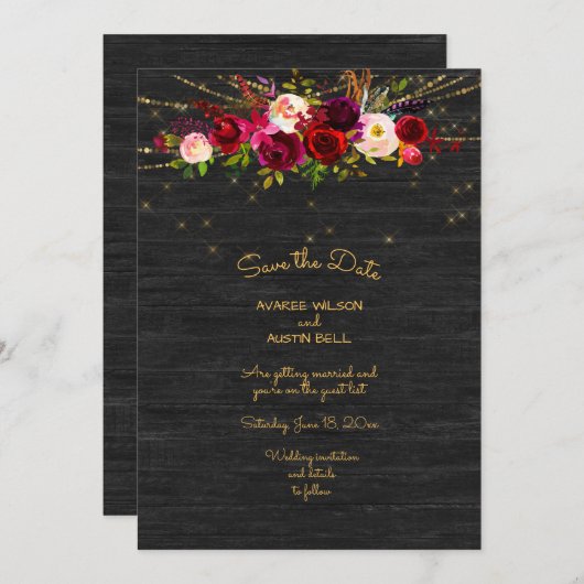 Black Barnboard String Lights Burgundy Rozen Save The Date (Voorkant / Achterkant)
