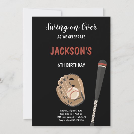 Black Baseball Verjaardag Uitnodiging (Voorkant)