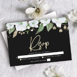 Black Bat Mitzvah Gold Script Floral Waterverf RSVP Kaartje<br><div class="desc">Wees trots, verheug en vier deze mijlpaal van je favoriete Bat Mitzvah met deze geavanceerde, gepersonaliseerde RSVP-invoegkaart voor je evenement! Een schitterende, witte en goudglitterflorale waterverf met faux Gold foil scripttypografie en een witte san serif bekleedt een dramatische zwarte achtergrond. Extra waterverf bloemen en een gouden ster van David leggen...</div>