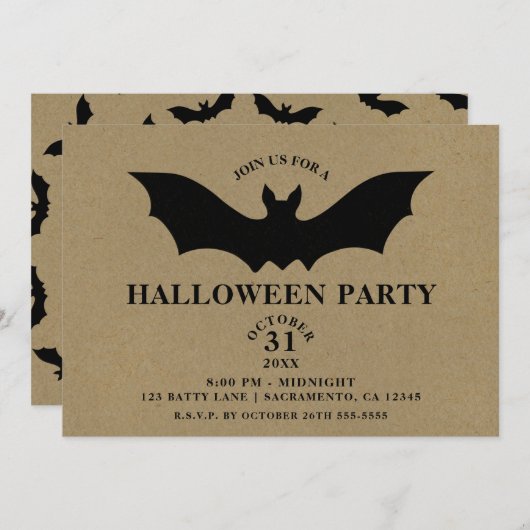Black Bat Rustic Kraft Halloween Party Kaart (Voorkant / Achterkant)