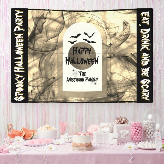 Black Bats Spider Web Full Moon Happy Halloween Spandoek (Feest)