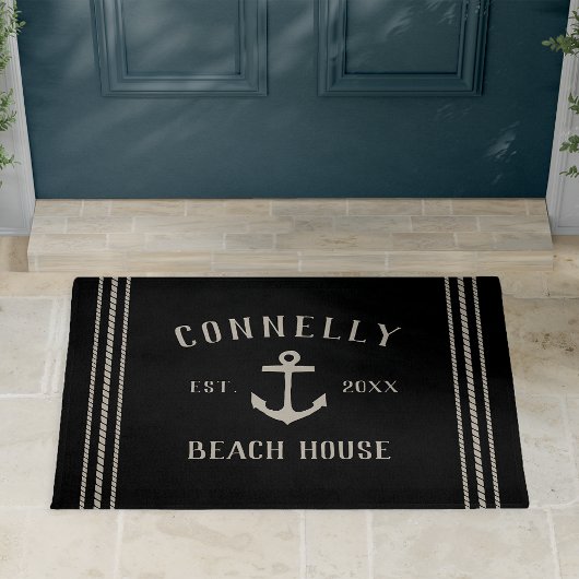Black | Beach House Rustic Anchor Personalized Deurmat