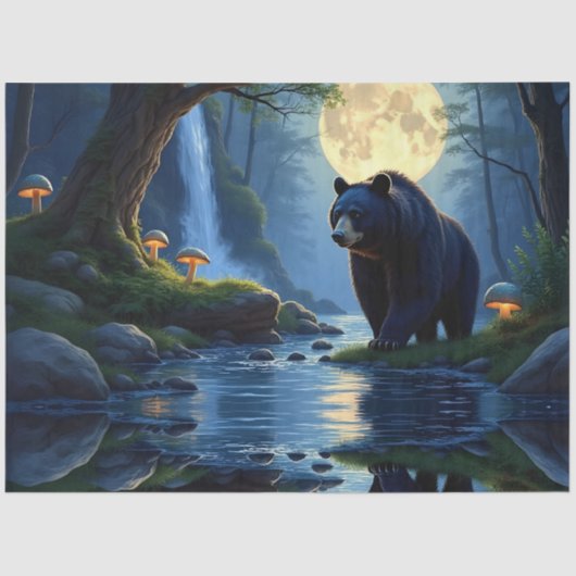 Black Bear at the stream under moonlight Tissuepapier (Voorkant)