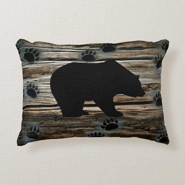 Black Bear Paws Rustic Wood Accent Kussen (Voorkant)