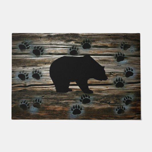 Black Bear Paws Rustic Wood Deurmat (Voorkant)