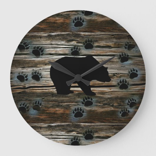 Black Bear Paws Rustic Wood Grote Klok (Voorkant)
