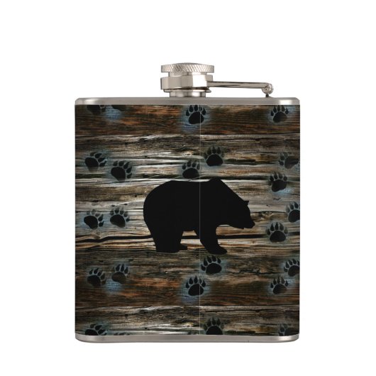 Black Bear Paws Rustic Wood Heupfles (Achterkant)