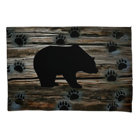 Black Bear Paws Rustic Wood Kussensloop (Voorkant)