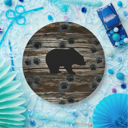 Black Bear Paws Rustic Wood Papieren Bordje (Feest)