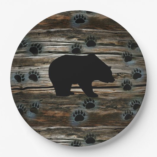 Black Bear Paws Rustic Wood Papieren Bordje (Voorkant)