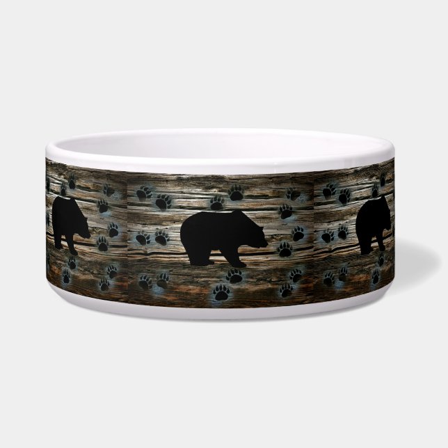 Black Bear Paws Rustic Wood Voerbakje (Voorkant)