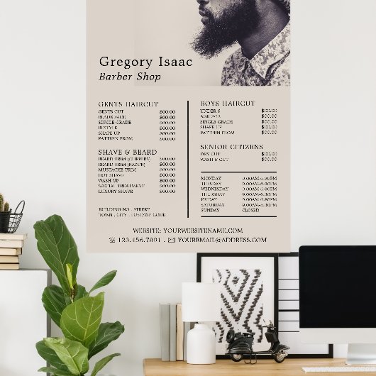Black Beard Model, Mannen Barbers Price List Poster (Thuiskantoor)