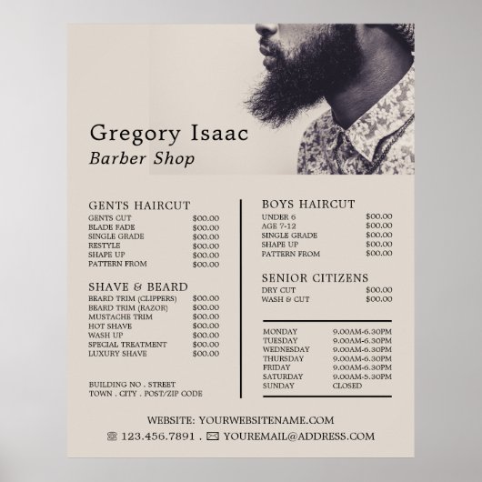 Black Beard Model, Mannen Barbers Price List Poster (Voorkant)