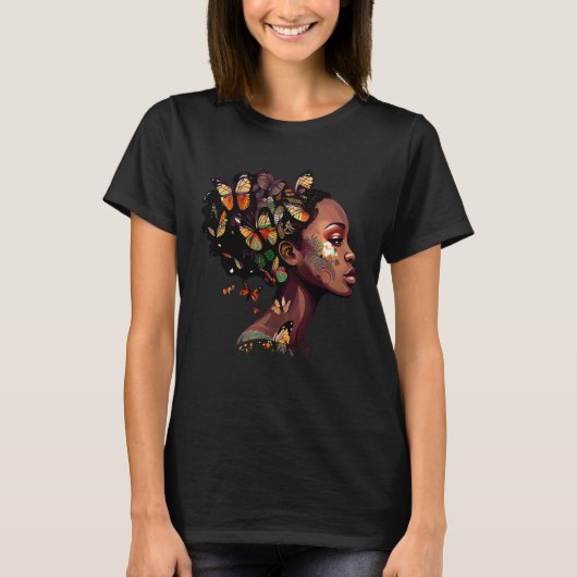 Black Beautiful African Queen Butterfly Hair Fun M T-shirt (Voorkant)