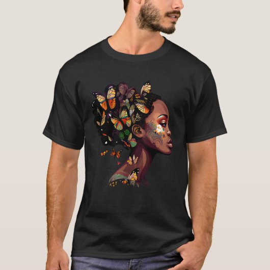 Black Beautiful African Queen Butterfly Hair Fun M T-shirt (Voorkant)