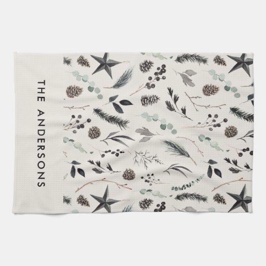 Black beige modern scandi elegant script Kerstmis Theedoek (Horizontaal)