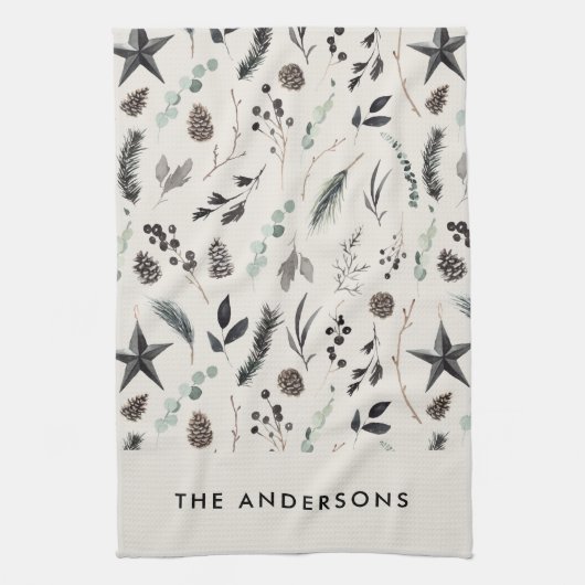 Black beige modern scandi elegant script Kerstmis Theedoek (Verticaal)