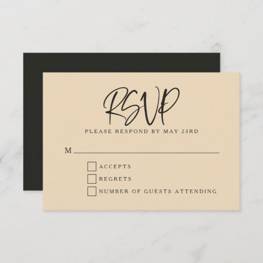 Black Beige Modern Script Lettering Wedding RSVP Kaartje (Voorkant / Achterkant)