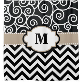 Black Beige Swirls Chevron Monogram Douchegordijn
