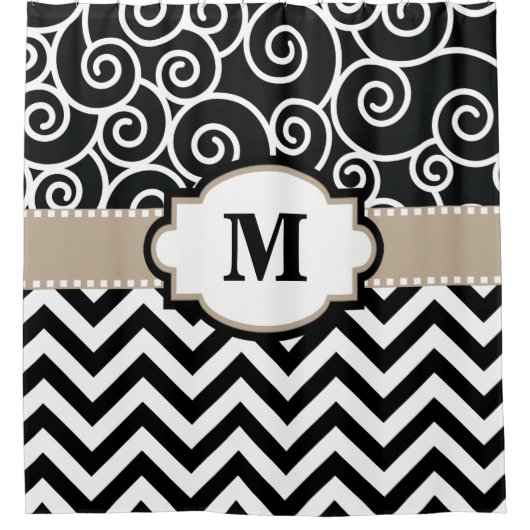 Black Beige Swirls Chevron Monogram Douchegordijn (Voorkant)