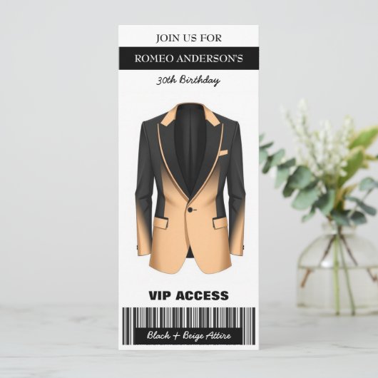 Black Beige Tuxedo Verjaardag Ticket Uitnodiging (Staand voorkant)