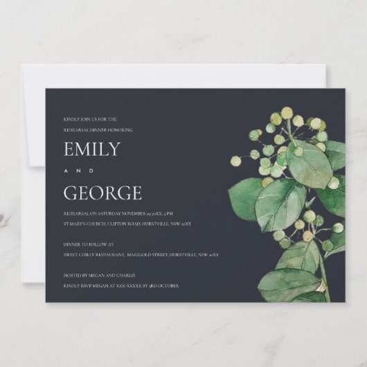 BLACK BERRY LEAFY FOLIAGE REHEARSAL DINNER INVITE BEDANKKAART (Voorkant)