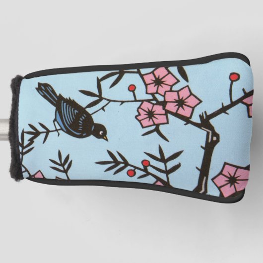 Black Bird Branches of Cherry Tree Pink Blossom Golfheadcover (Voorkant)
