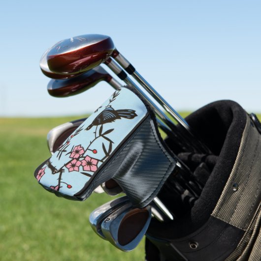 Black Bird Branches of Cherry Tree Pink Blossom Golfheadcover (Insitu)