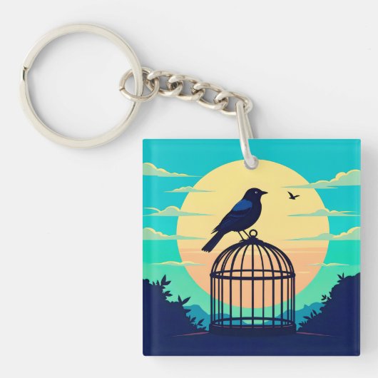 Black Bird in Empty Cage on Hill Silhouetted Again Sleutelhanger (voorkant)