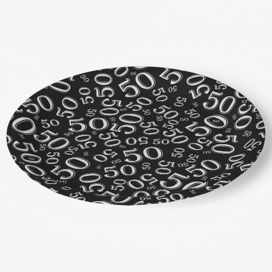Black Black/White 50th Birthday Number Pattern Papieren Bordje (Gekanteld)