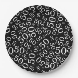 Black Black/White 50th Birthday Number Pattern Papieren Bordje