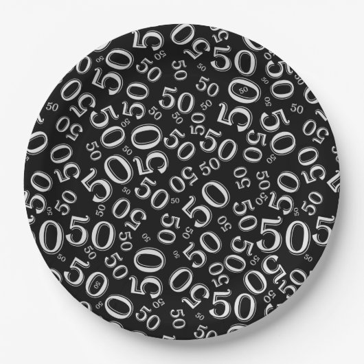 Black Black/White 50th Birthday Number Pattern Papieren Bordje (Voorkant)