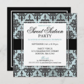 Black Blauwgroen Blue Damask Sweet 16 Party-uitnod Kaart (Voorkant / Achterkant)