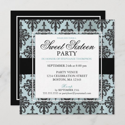 Black Blauwgroen Blue Damask Sweet 16 Party-uitnod Kaart (Voorkant / Achterkant)