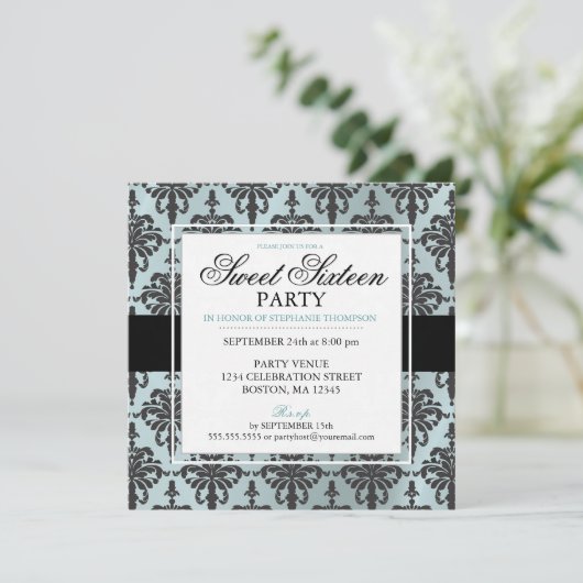 Black Blauwgroen Blue Damask Sweet 16 Party-uitnod Kaart (Staand voorkant)