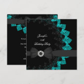 Black Blauwgroen Blue Lace Birthday Party Kaart (Voorkant / Achterkant)