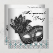 Black Blauwgroen Blue Masquerade Party Uitnodiging (Voorkant / Achterkant)
