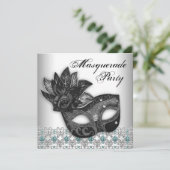Black Blauwgroen Blue Masquerade Party Uitnodiging (Staand voorkant)
